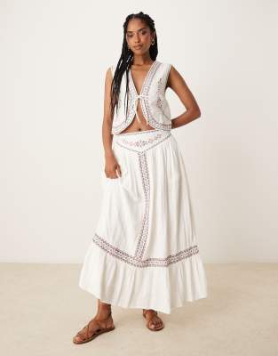 cotton rich woven maxi skirt with embroidery in cream - part of a set-White