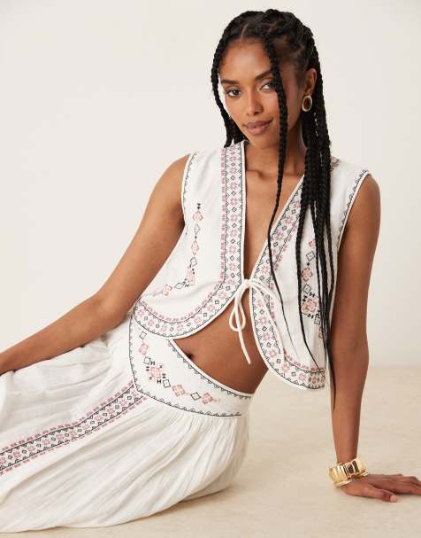 Threadbare cotton rich woven tie vest with embroidery in cream - part of a set - view 1