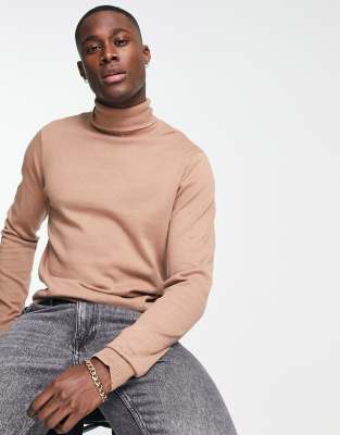 Threadbare cotton roll neck jumper in beige-Brown