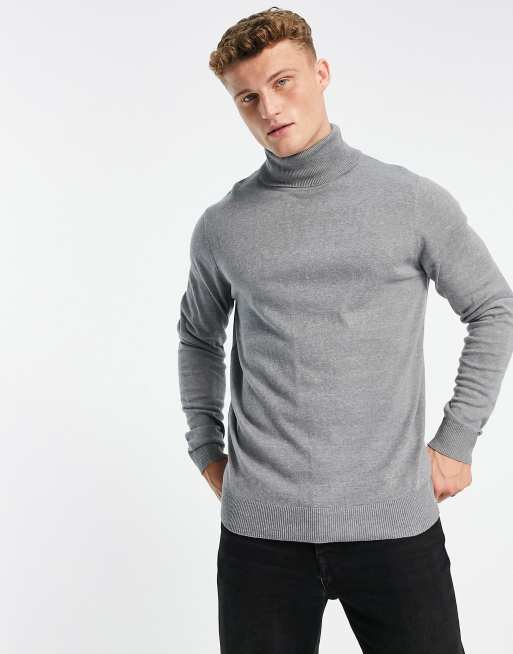 Threadbare cotton roll neck jumper in grey marl | ASOS