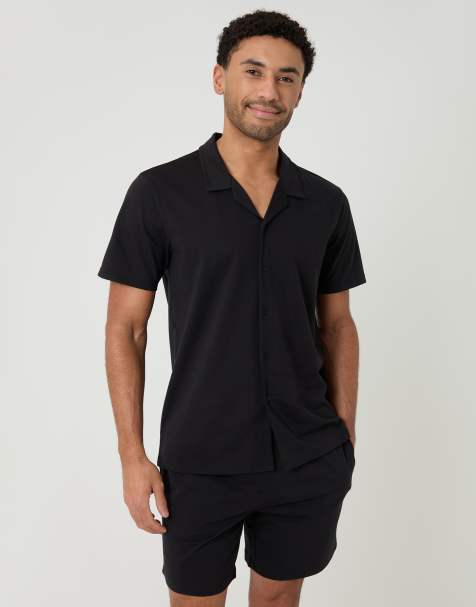 Threadbare Cotton shirt & shorts lounge set in black - view 1