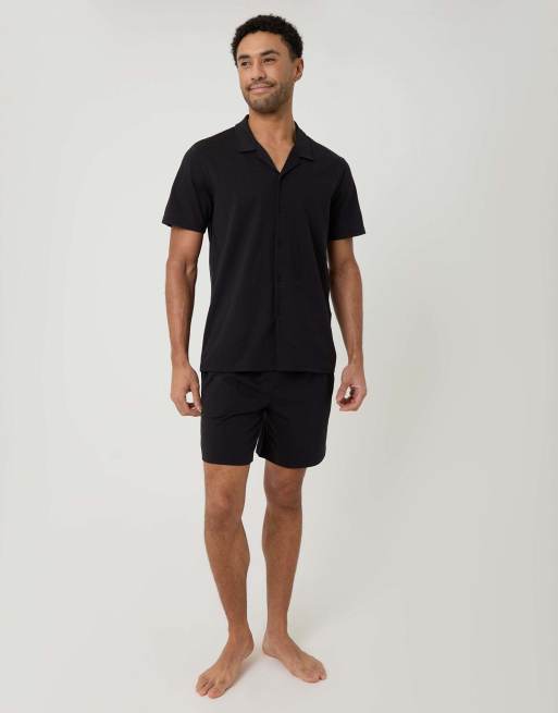 Threadbare Cotton shirt & shorts lounge set in black, 4 of 4