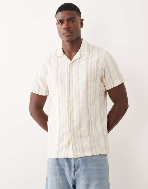 Threadbare cotton short sleeve textured shirt in stone and ecru stripe - view 1