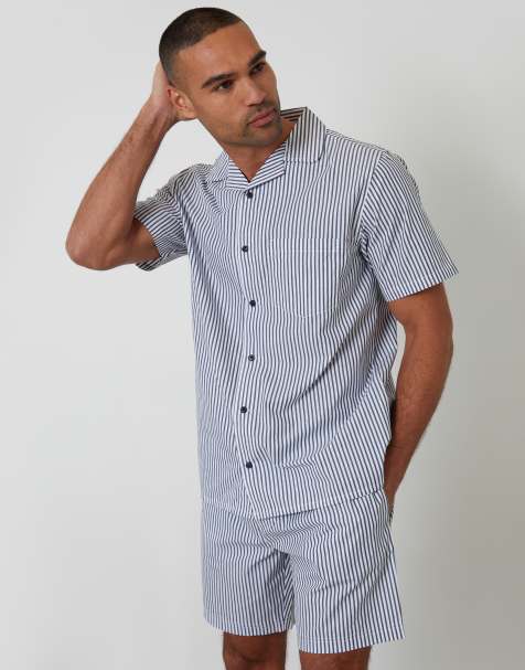 Threadbare Cotton stripe short sleeve shirt & shorts pyjama set in blue - view 1