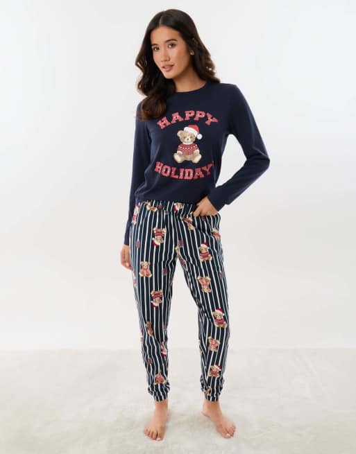 Threadbare Cotton teddy bear print christmas pyjama set in navy, 3 of 5