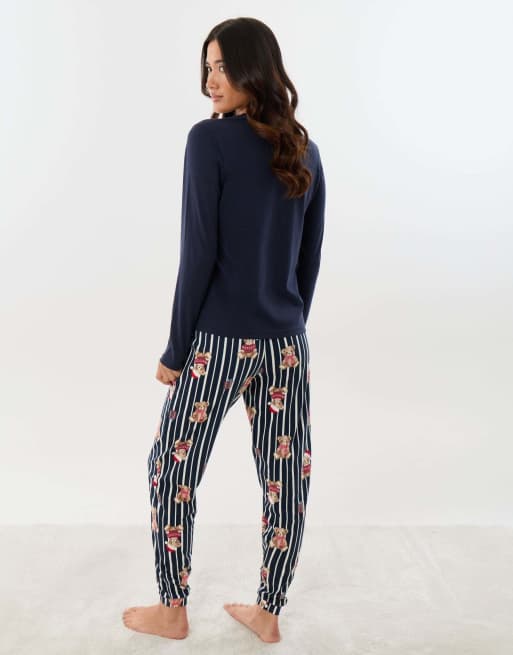 Threadbare Cotton teddy bear print christmas pyjama set in navy, 4 of 5