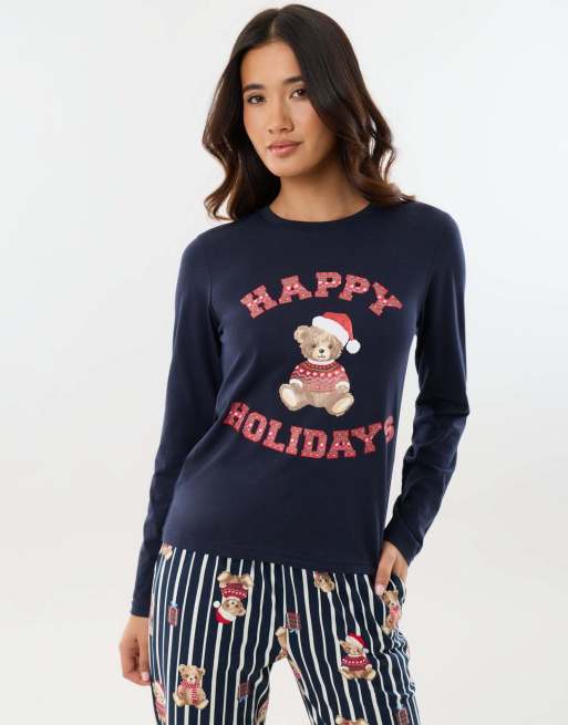 Threadbare Cotton teddy bear print christmas pyjama set in navy, 5 of 5