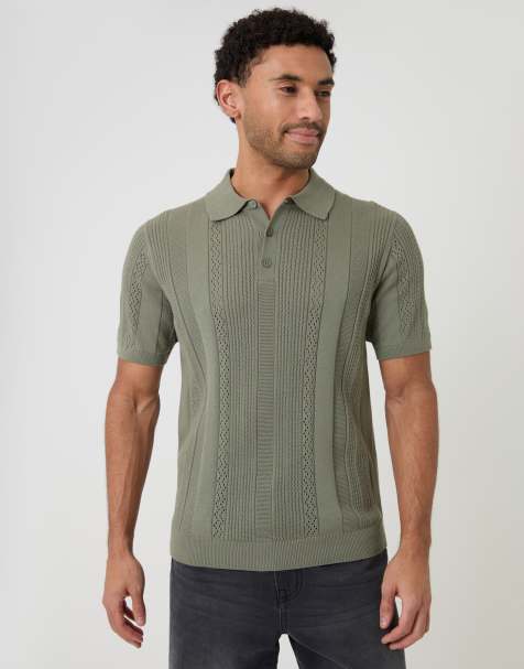 Threadbare Cotton textured stripe knitted polo in green - view 1