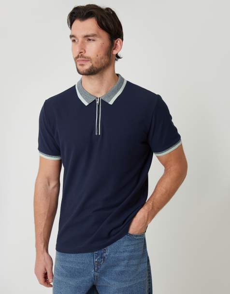 Threadbare Cotton tipping collar quarter zip pique polo shirt in navy - view 1