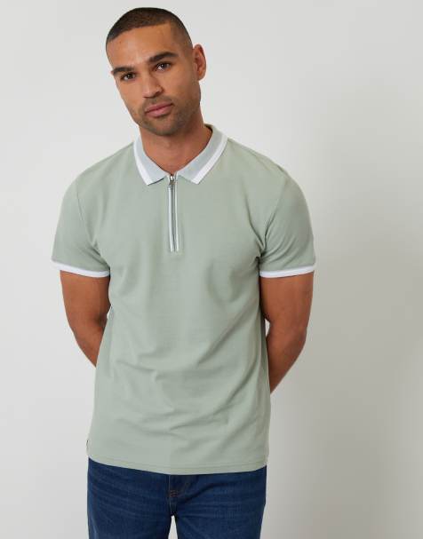 Threadbare Cotton tipping collar quarter zip pique polo shirt in pale green - view 1