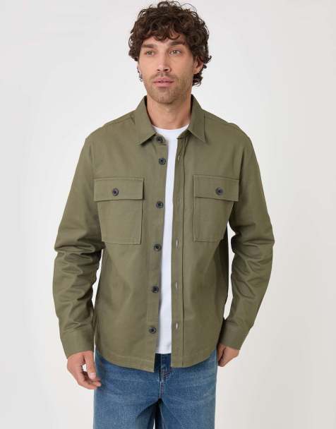 Threadbare Cotton twill shacket with pockets in olive green - view 1