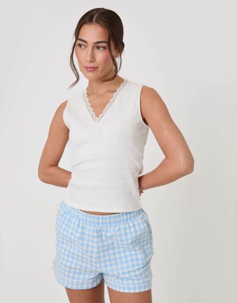 Threadbare Cotton vest & flannel shorts pyjama set in blue - view 1