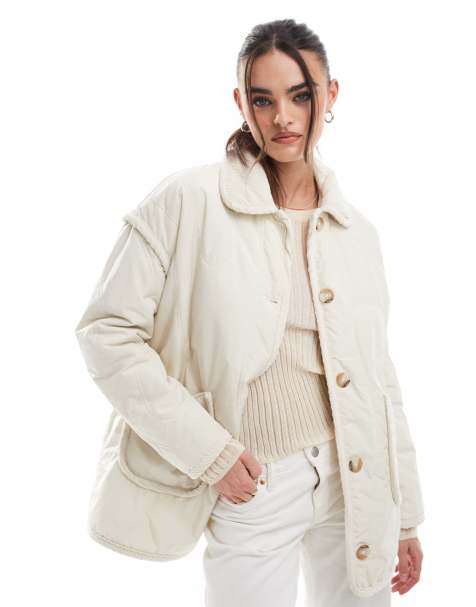 Threadbare - Cremehvid og vatteret jakke med fløjlsdetalje - view 1