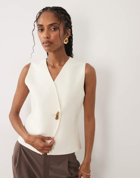 Threadbare - Cremehvid vest i kompakt strik med guldfarvede knapper - view 1
