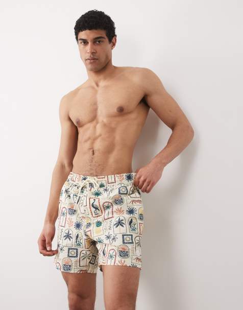 Threadbare - Cremehvide badeshorts med palmeprint - view 1