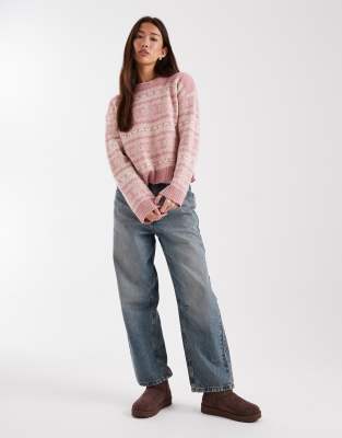 Threadbare Crew Neck Argyle Knit Sweater In Pink