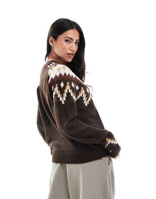 Threadbare crew neck aztec print jumper in beige and brown, 2 of 4