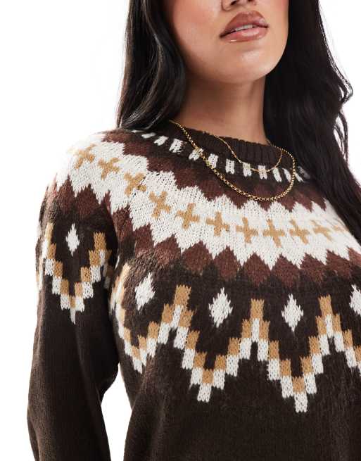 Threadbare crew neck aztec print jumper in beige and brown, 4 of 4