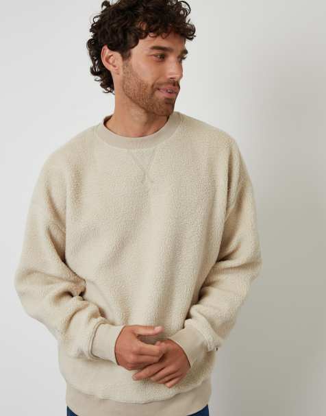 Threadbare Crew neck borg sweatshirt in stone - view 1