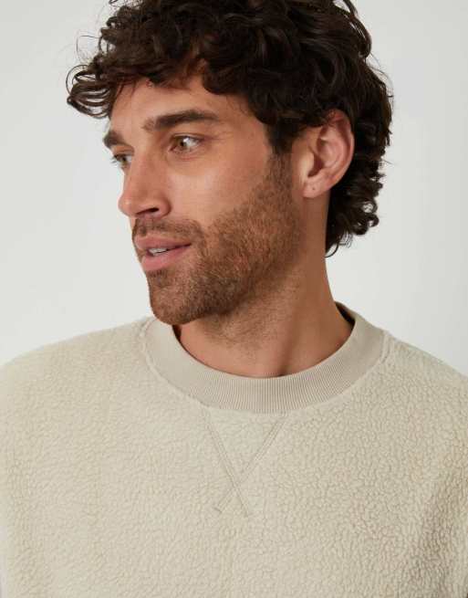 Threadbare Crew neck borg sweatshirt in stone, 3 of 4