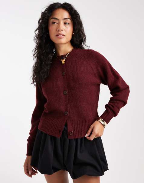 Threadbare crew neck button through cardigan in burgundy