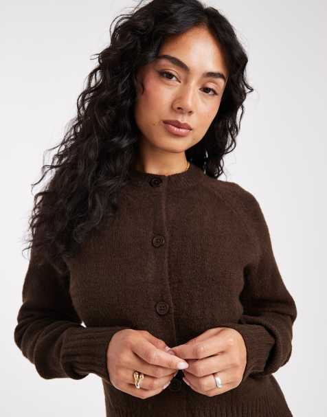 Threadbare crew neck button through cardigan in chocolate brown - view 1