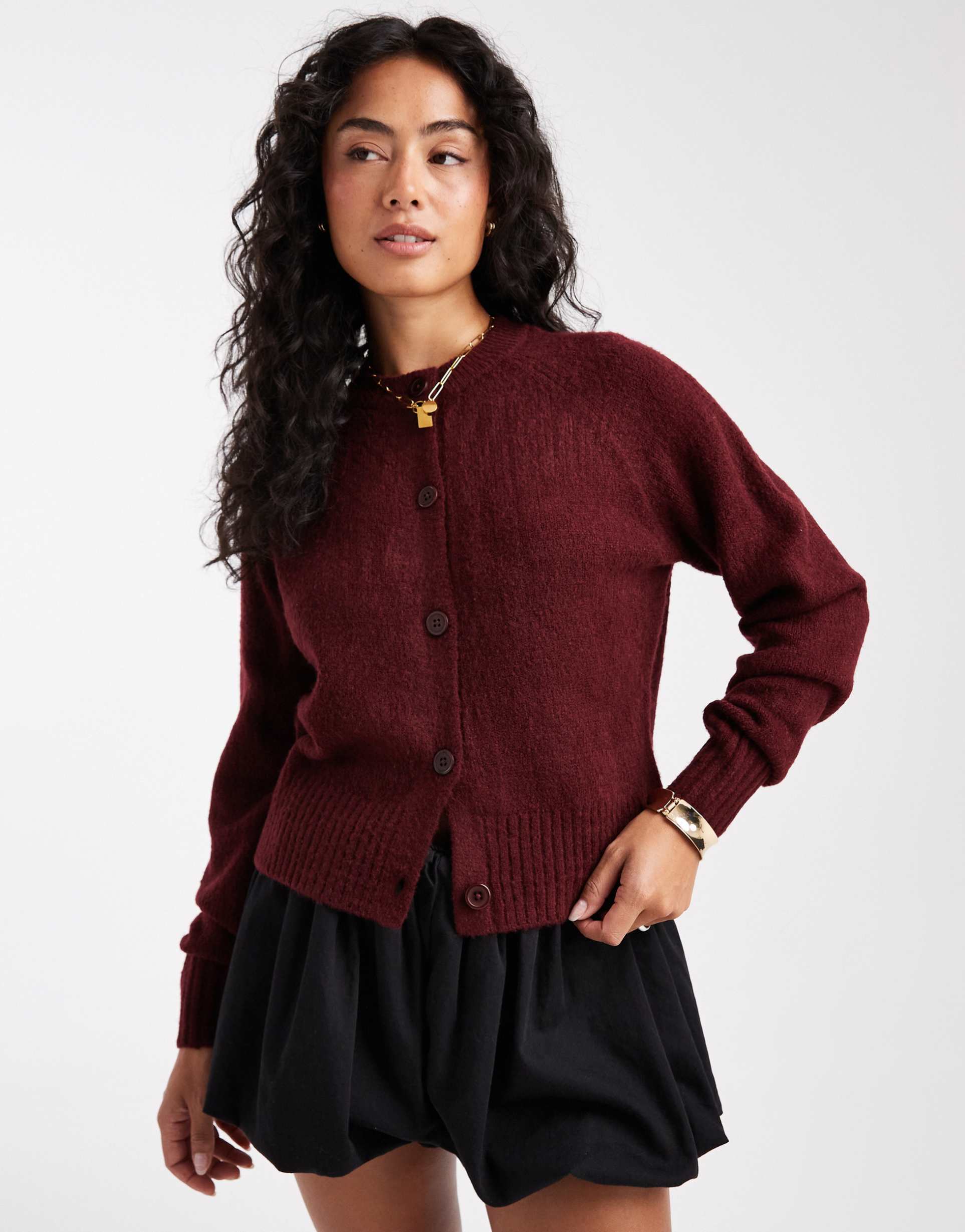 threadbare crew neck button up cardigan in burgundy