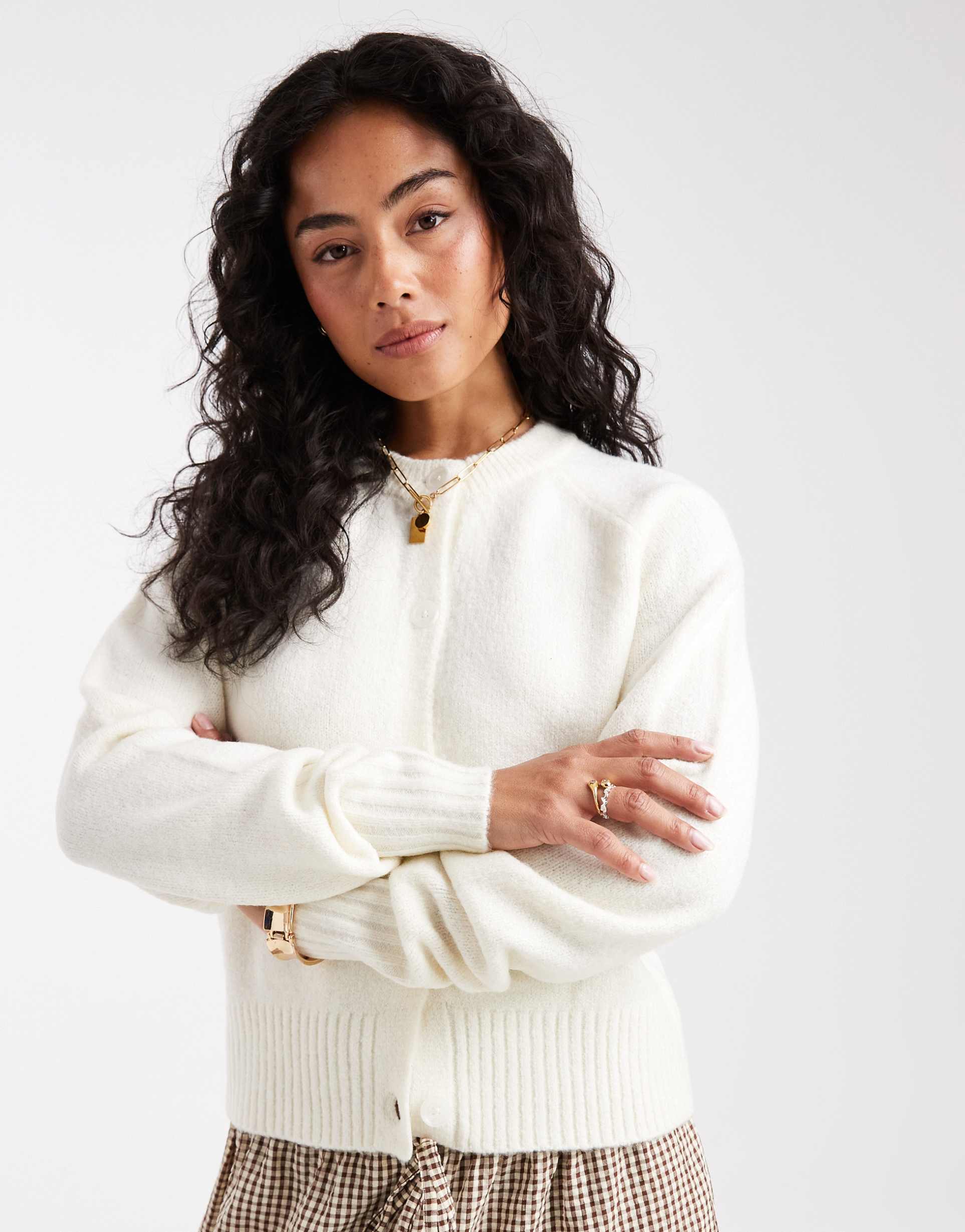 threadbare crew neck button up cardigan in cream