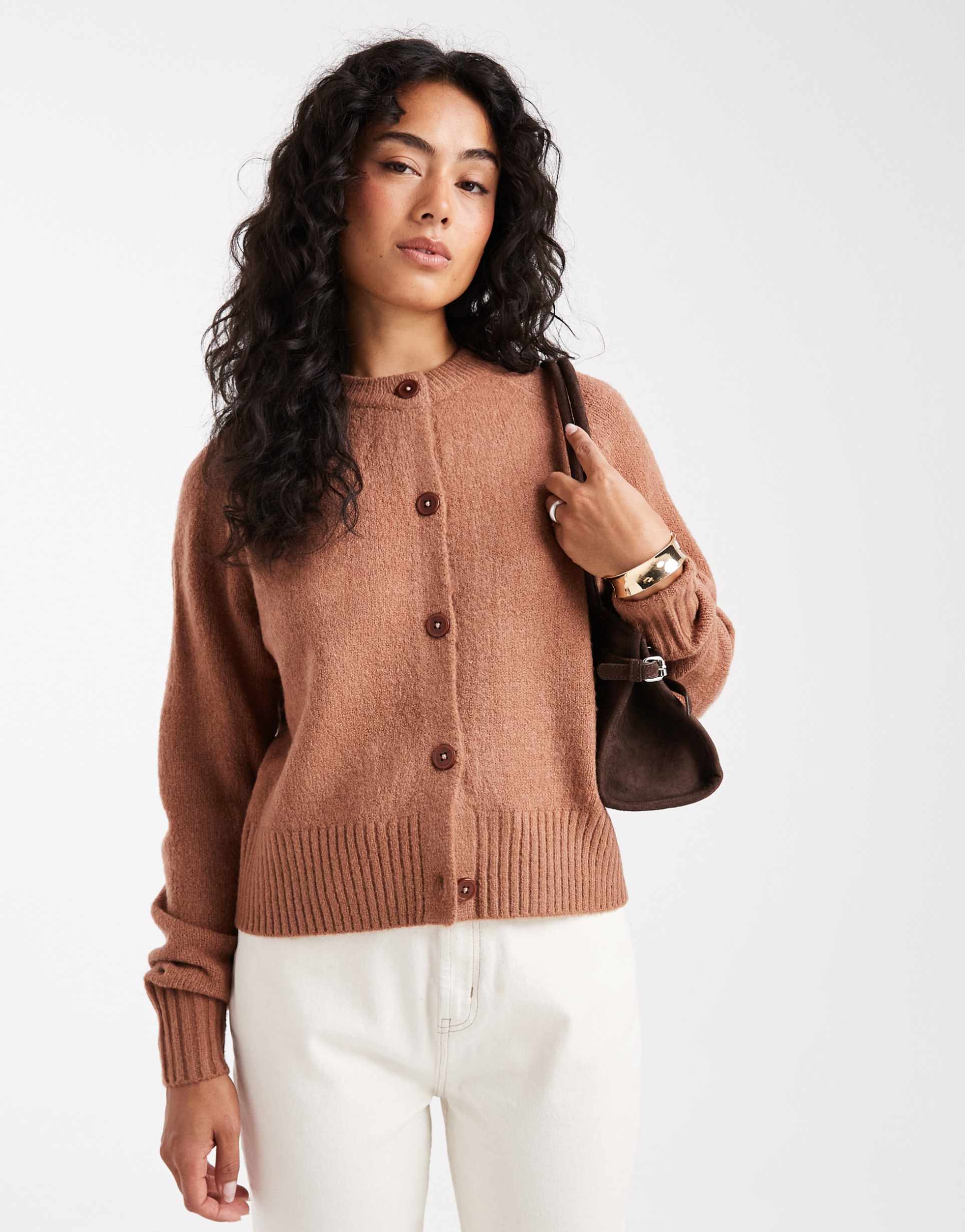 threadbare crew neck button up cardigan in mocha mousse