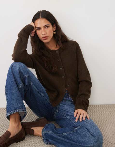 Threadbare crew neck cardigan in brown - view 1
