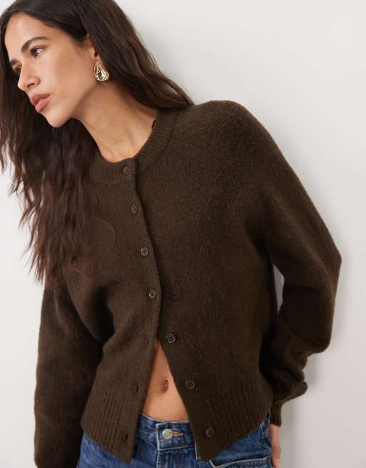Threadbare crew neck cardigan in brown, 3 of 4