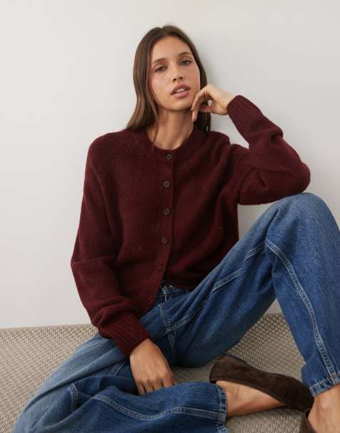 Threadbare crew neck cardigan in burgundy - view 1