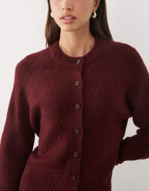 Threadbare crew neck cardigan in burgundy, 3 of 4