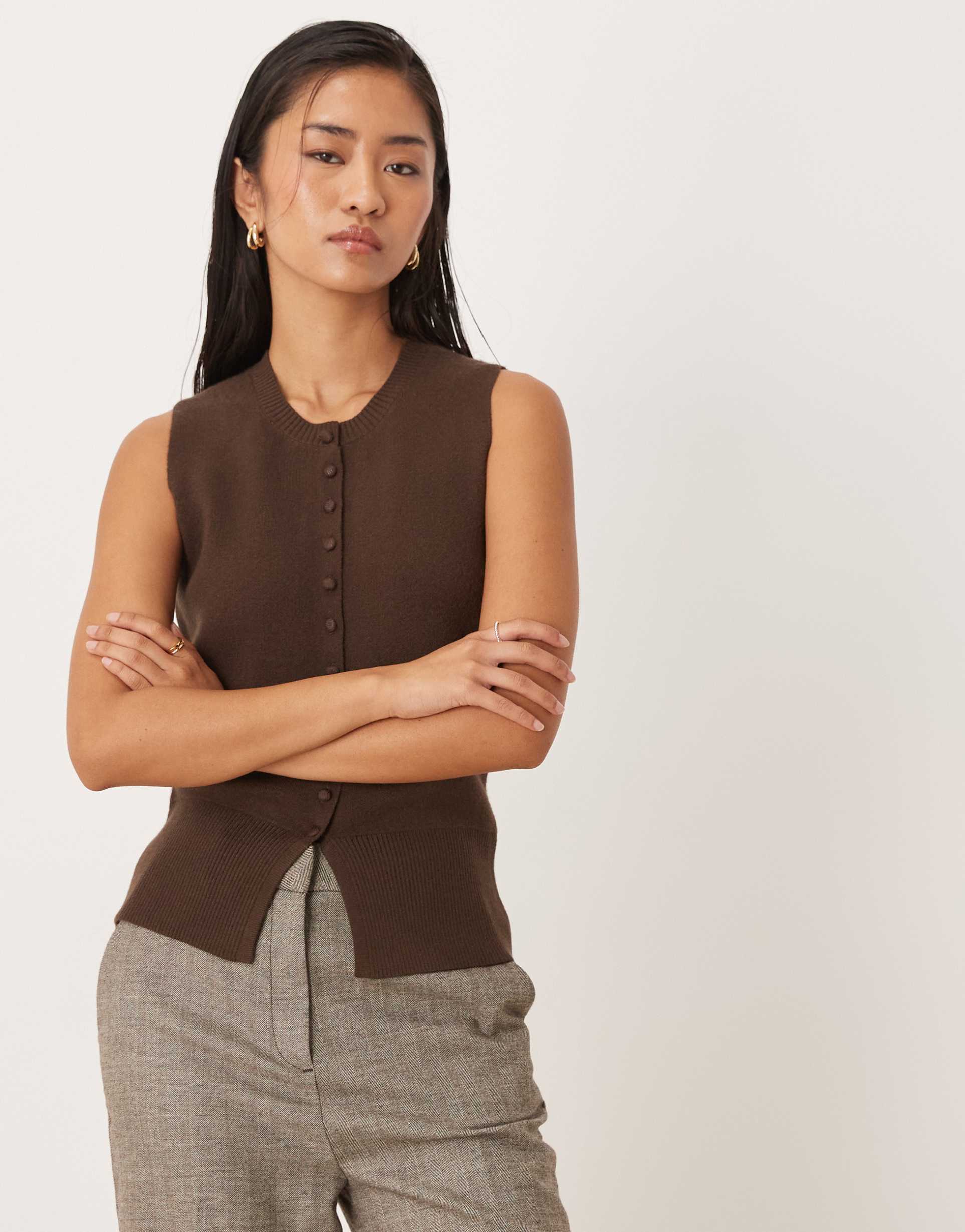 threadbare crew neck cardigan vest in chocolate brown