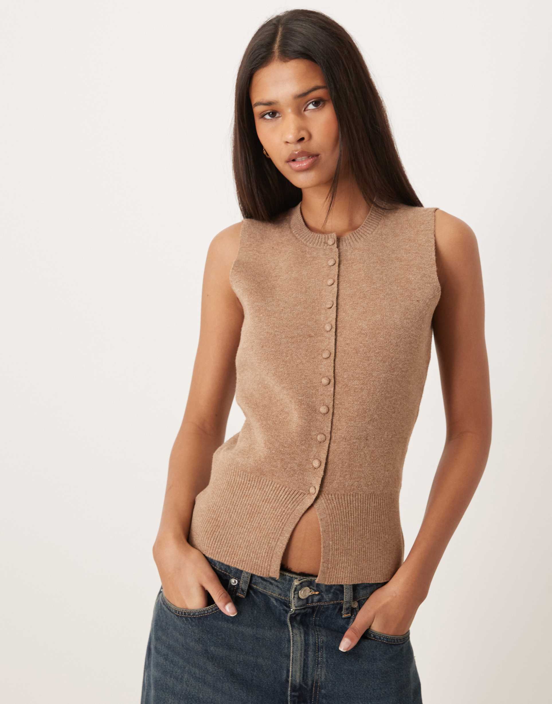 threadbare crew neck cardigan vest in oat