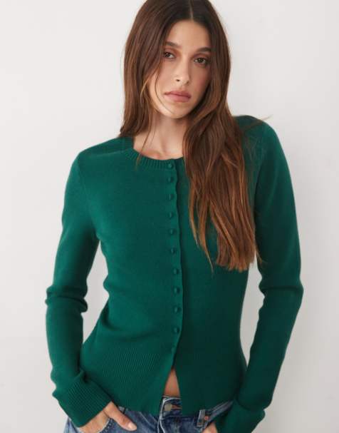 Threadbare crew neck cardigan with cinched waist in forest green - view 1