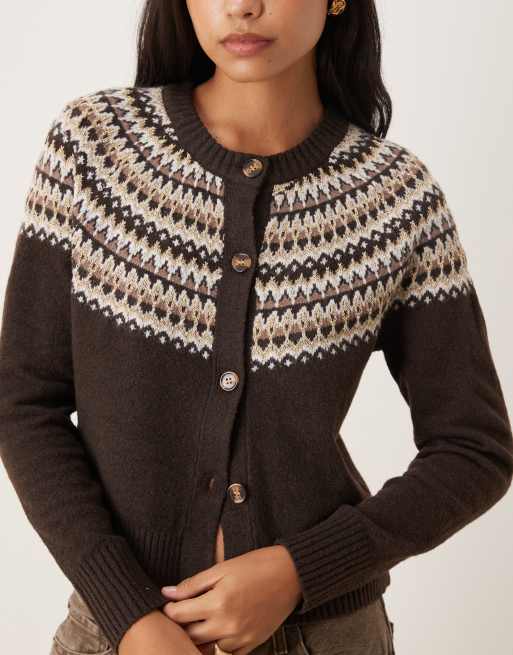 Threadbare crew neck cardigan with fairisle detail print in brown, 2 of 4