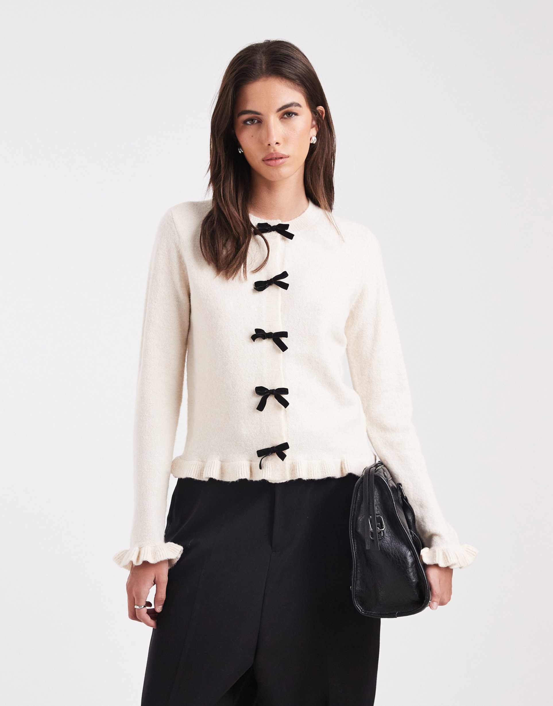 threadbare crew neck cardigan with flutter sleeve and bow detail in ecru