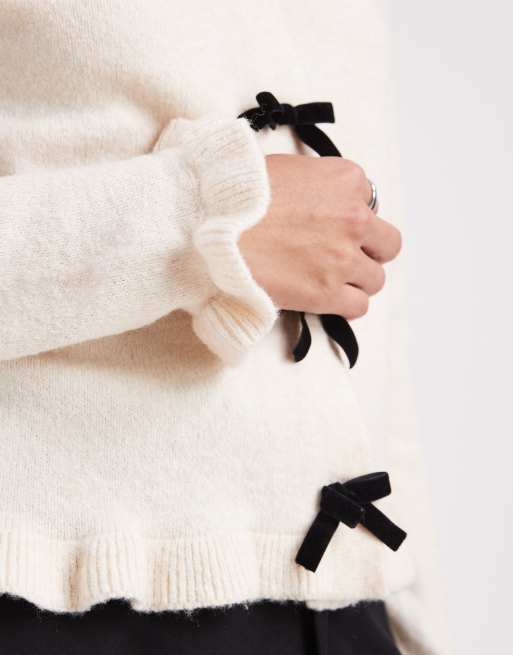 Threadbare crew neck cardigan with flutter sleeve and bow detail in ecru, 4 of 4