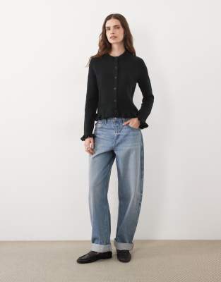 Threadbare Crew Neck Cardigan With Ruffle Hem And Cuffs In Black