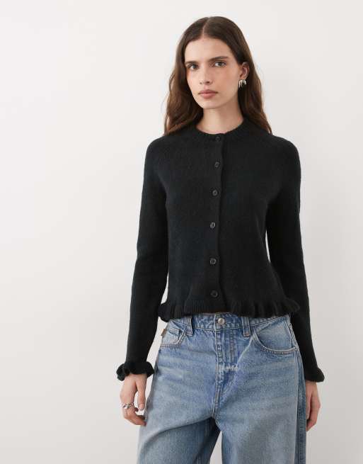 Threadbare crew neck cardigan with ruffle hem and cuffs in black, 2 of 4