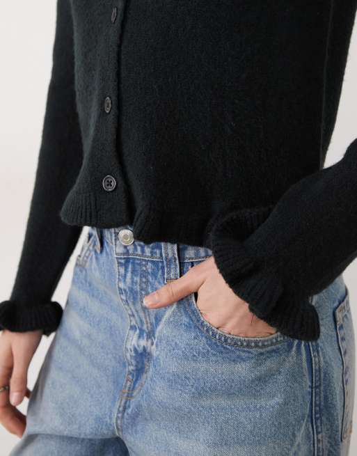 Threadbare crew neck cardigan with ruffle hem and cuffs in black, 3 of 4