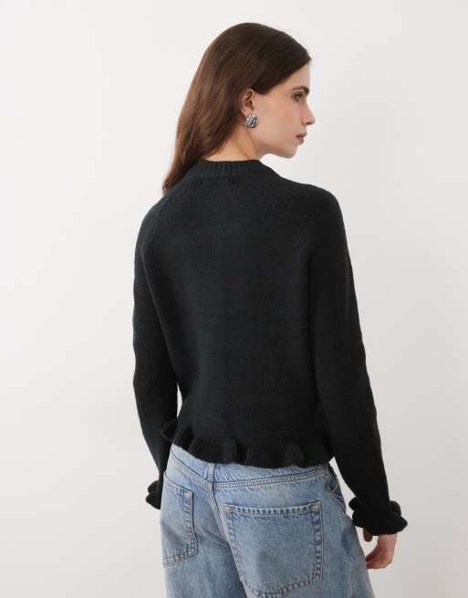 Threadbare crew neck cardigan with ruffle hem and cuffs in black, 4 of 4