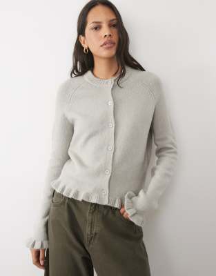 Threadbare Crew Neck Cardigan With Ruffle Hem And Cuffs In Gray