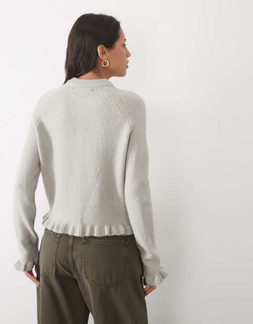 Threadbare crew neck cardigan with ruffle hem and cuffs in gray, 3 of 4