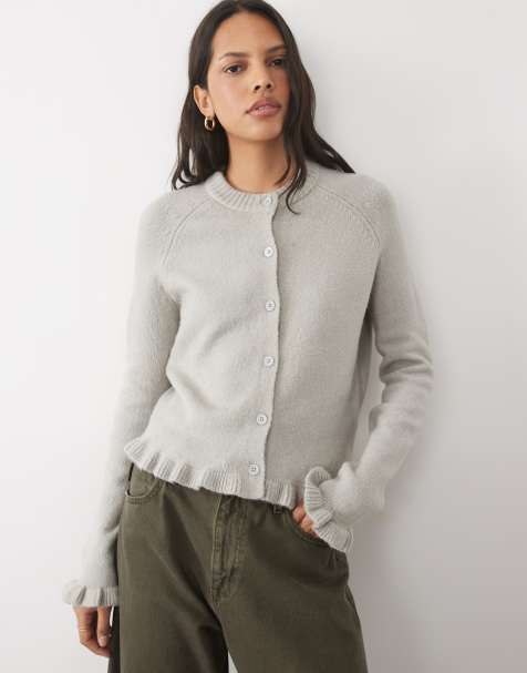 Threadbare crew neck cardigan with ruffle hem and cuffs in grey - view 1