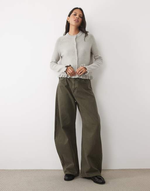 Threadbare crew neck cardigan with ruffle hem and cuffs in grey, 2 of 4