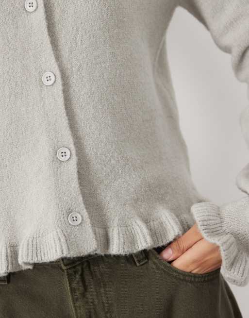 Threadbare crew neck cardigan with ruffle hem and cuffs in grey, 4 of 4