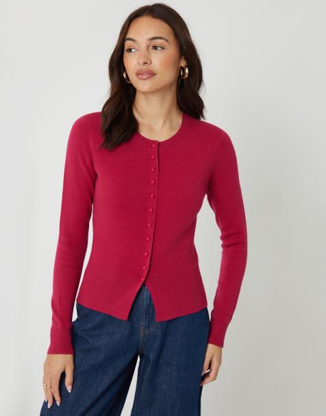 Threadbare Crew neck compact knitted cardigan in bright pink - view 1
