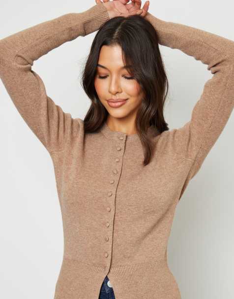 Threadbare Crew neck compact knitted cardigan in light beige - view 1